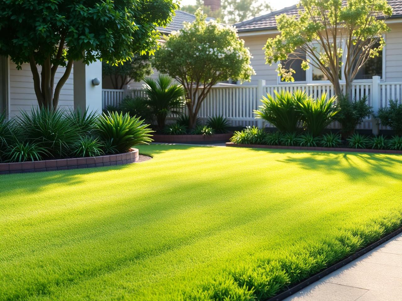 Freshly mowed front lawn with tidy garden beds